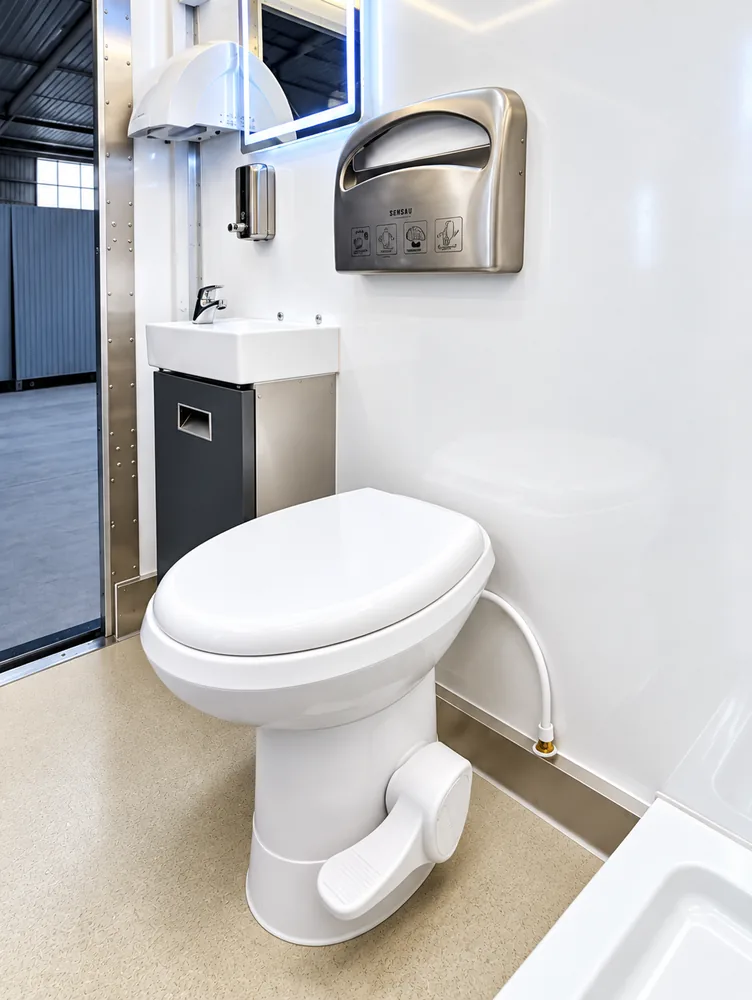 Mobile restroom trailer available for temporary site rental